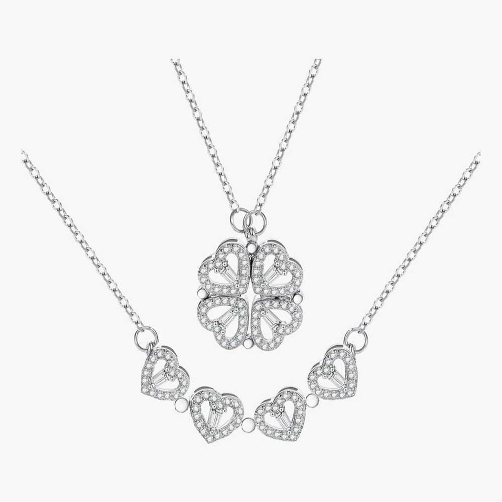 Silver Clover Heart Necklac